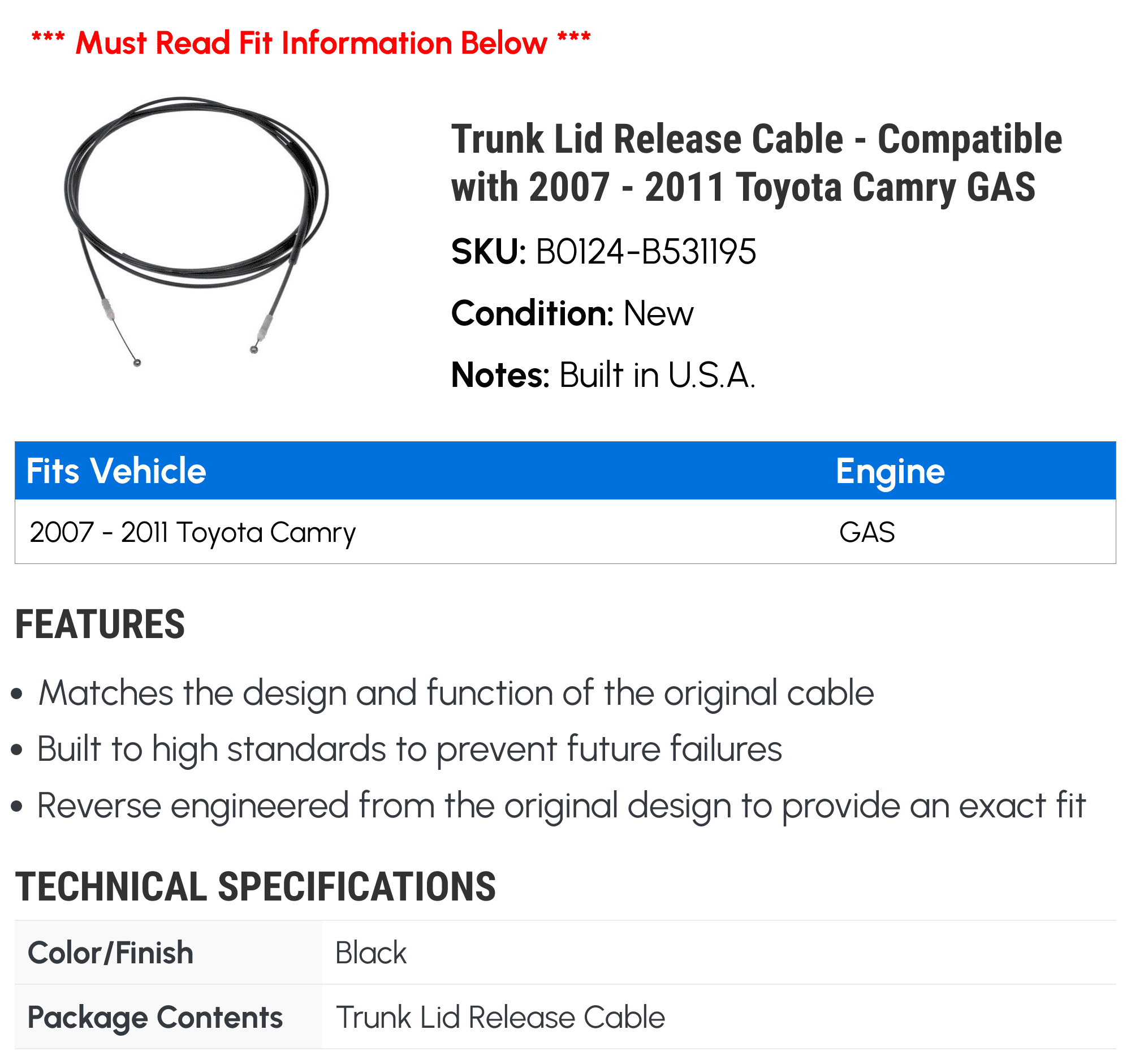 Trunk Lid Release Cable - Compatible with 2007 - 2011 Camry GAS 2008 2009 2010