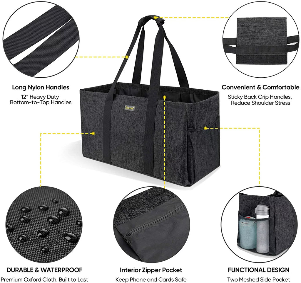 BALEINE Reusable SOFT Utility Tote with Reinforced Handles, Eco Friendly Collapsible Foldable & Washable Grocery Storage Bag, Extra Storage For Phone & Keys with Inner & Side Pockets Jet