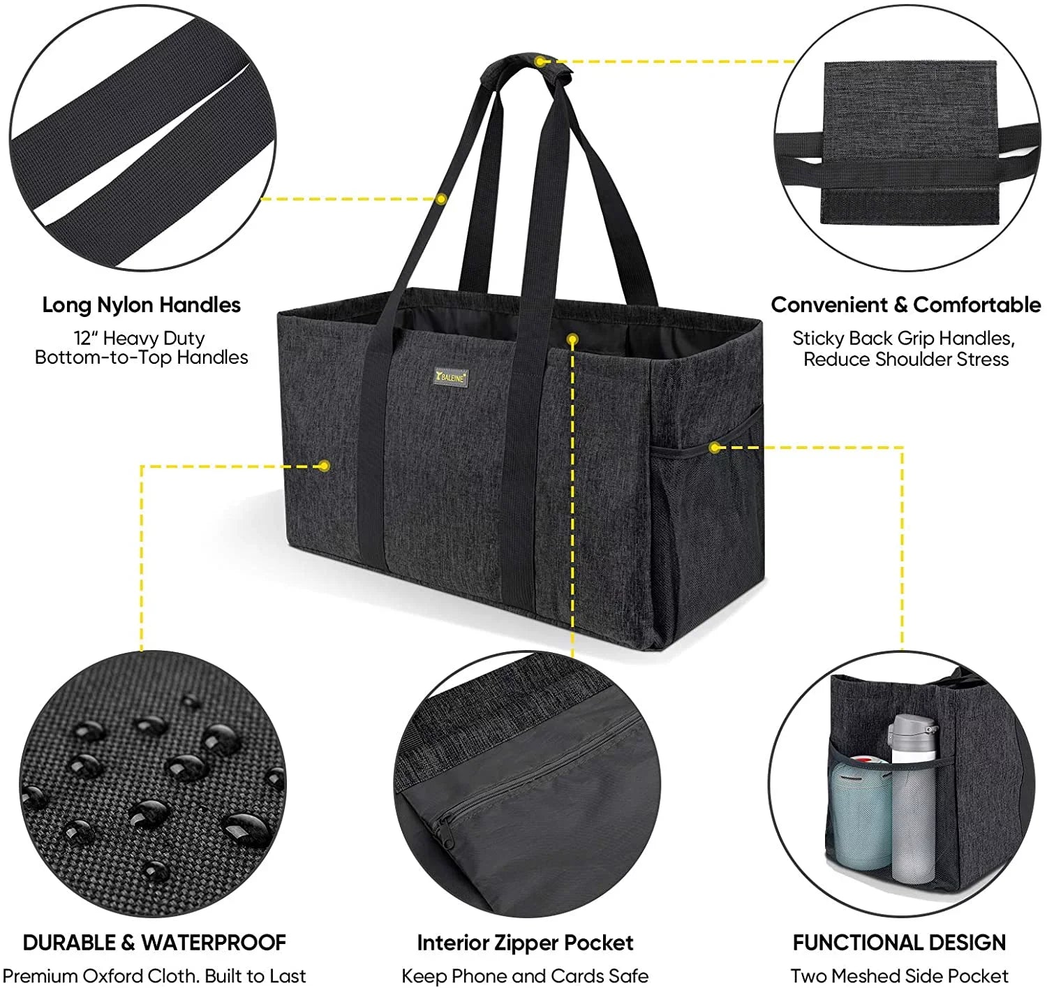 BALEINE Reusable SOFT Utility Tote with Reinforced Handles, Eco Friendly Collapsible Foldable & Washable Grocery Storage Bag, Extra Storage For Phone & Keys with Inner & Side Pockets Jet
