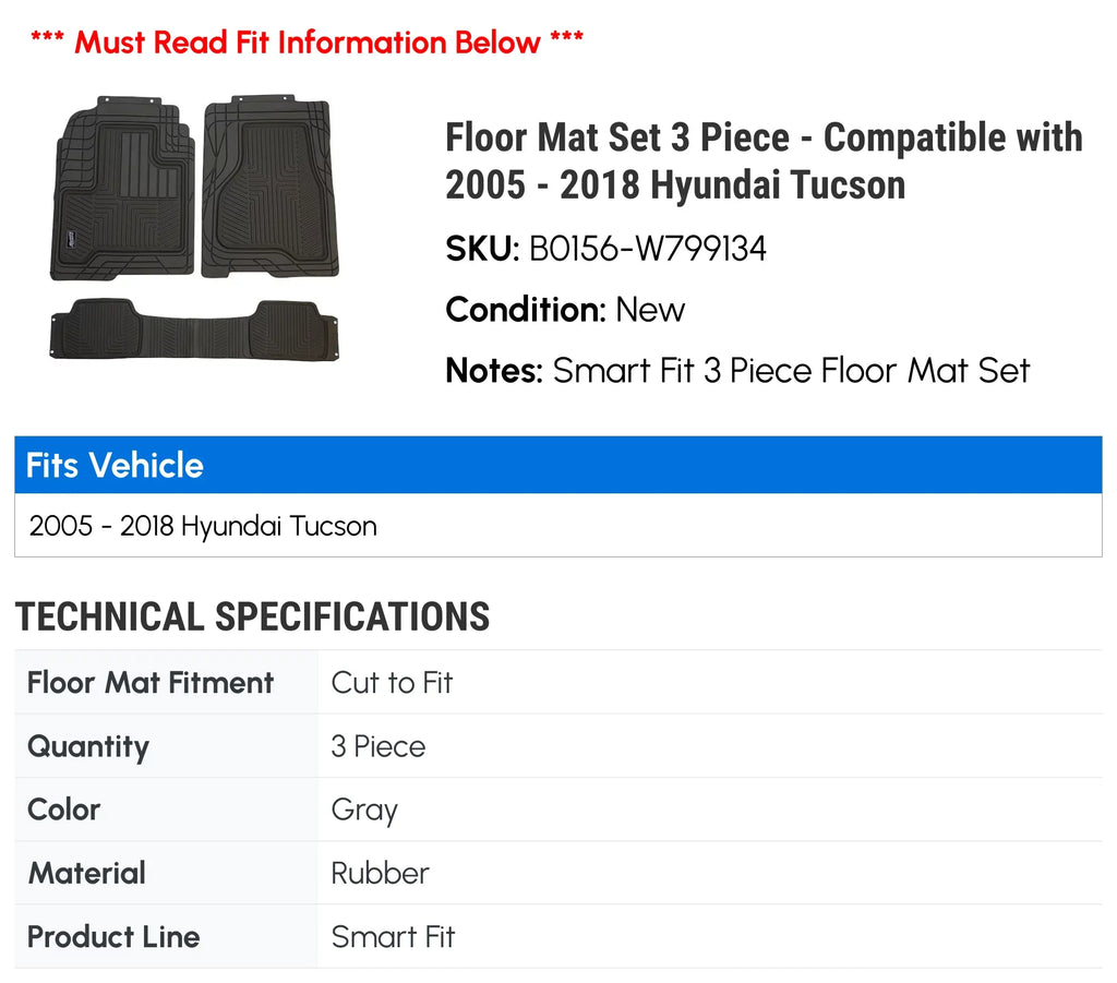 Floor Mat Set 3 Piece - Compatible with 2005 - 2018 Hyundai Tucson 2006 2007 2008 2009 2010 2011 2012 2013 2014 2015 2016 2017