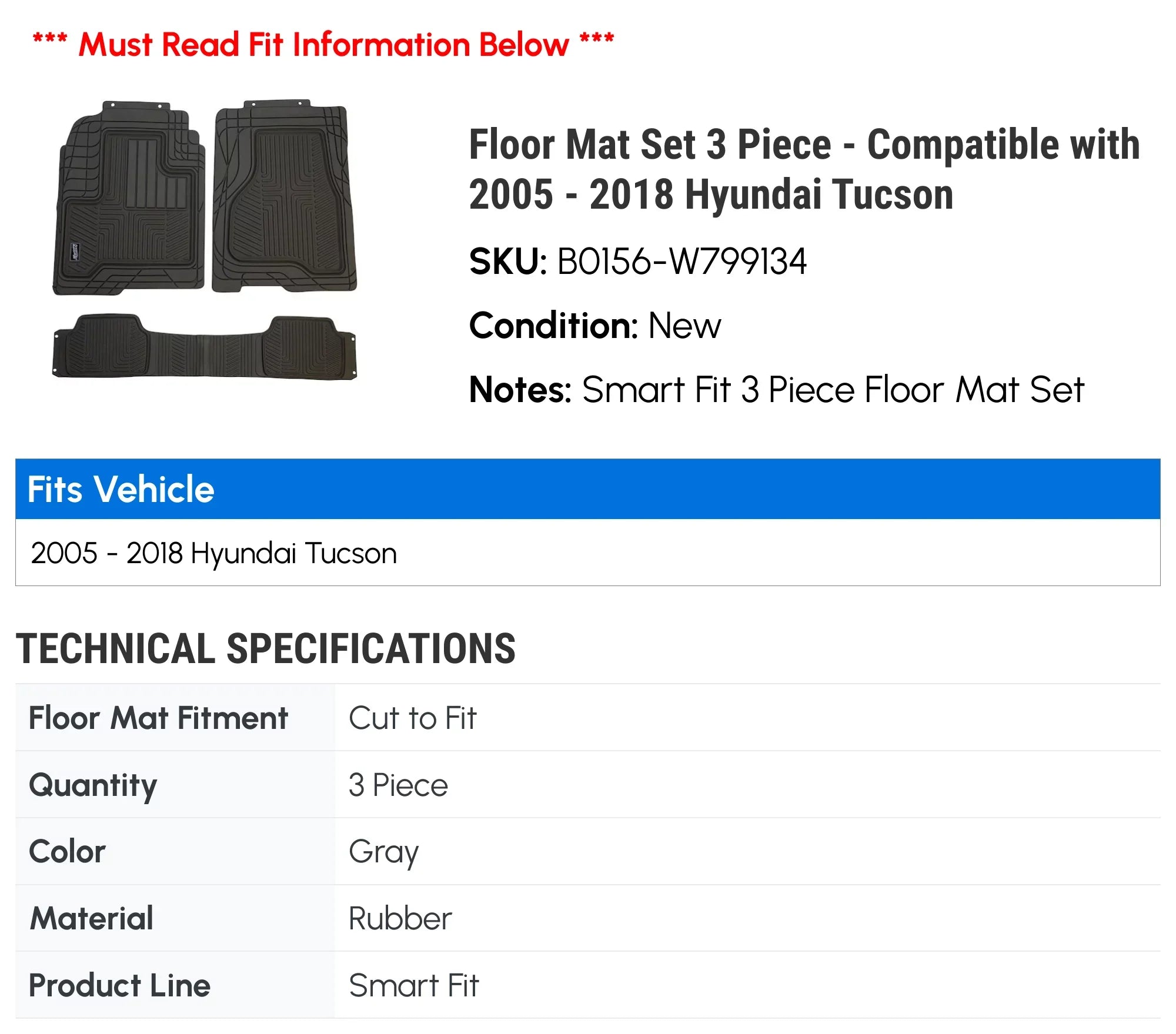 Floor Mat Set 3 Piece - Compatible with 2005 - 2018 Hyundai Tucson 2006 2007 2008 2009 2010 2011 2012 2013 2014 2015 2016 2017