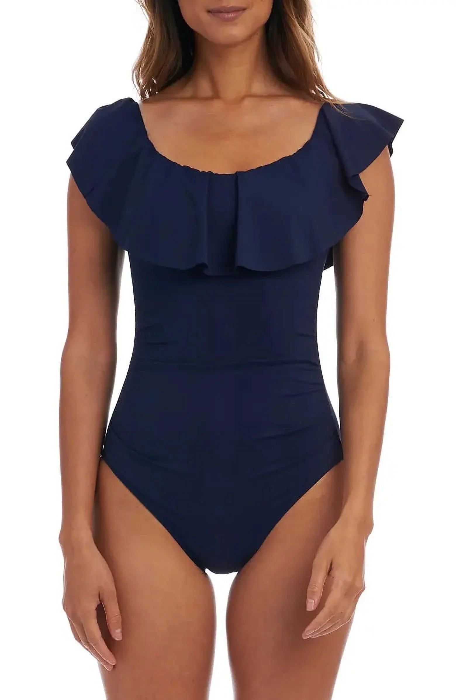 La Blanca INDIGO Island Goddess Off-the-Shoulder Ruffled One-Piece Swimsuit, US 8