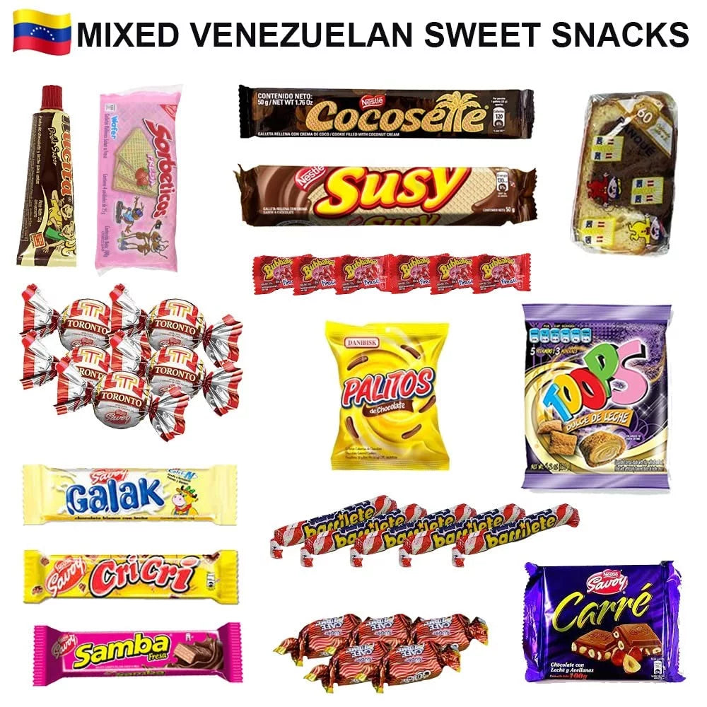 LATIN SABOR Venezuela Food Sweet Snacks Gift Crate Box Assorted Cookies, Chips & Candies Mix Variety Pack Cocosette Susy Toronto Chocolate