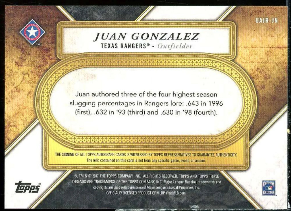 Juan Gonzalez 2017 Triple Threads Unity Jumbo Relic Autographs Silver #UAJRJN