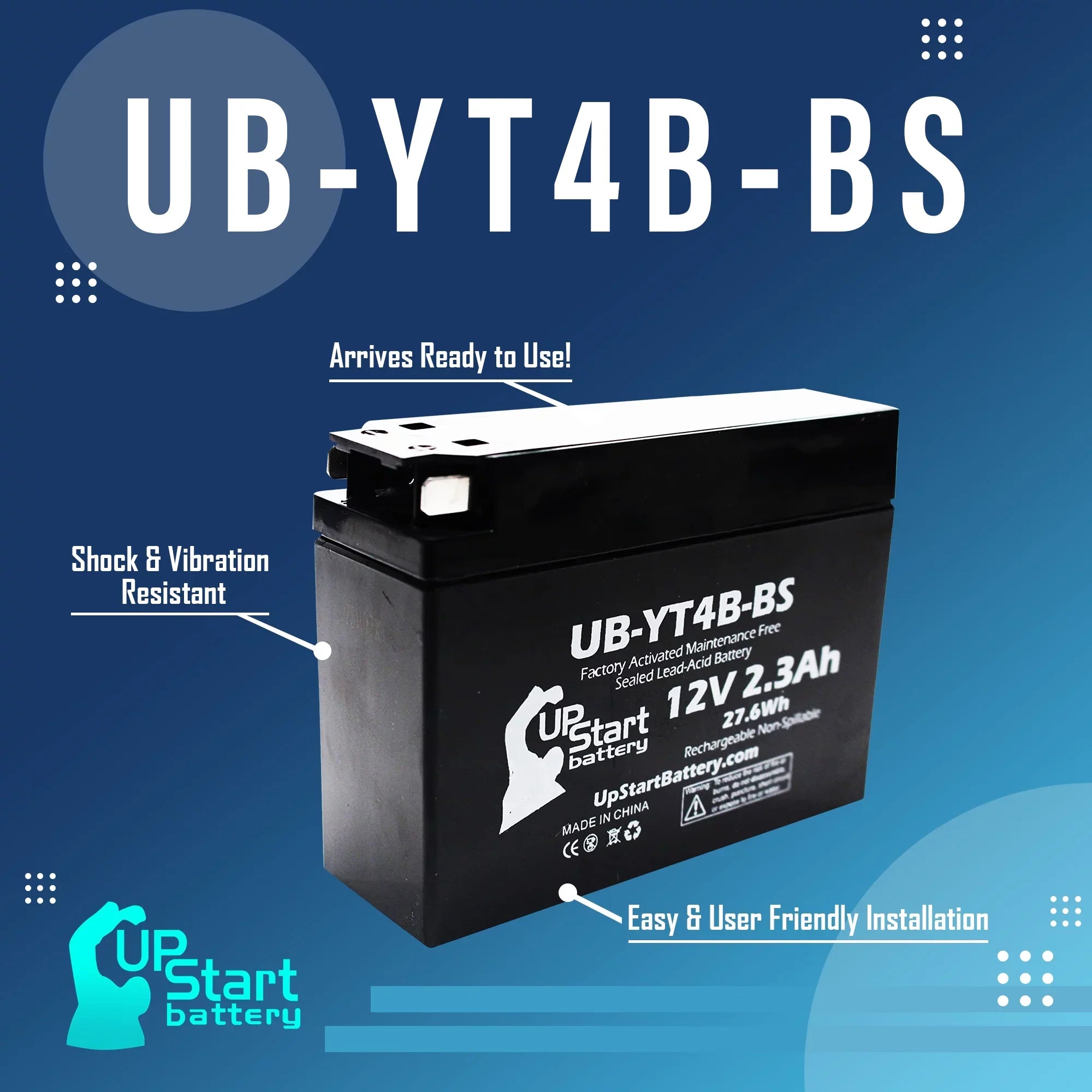 5-Pack UpStart Battery Replacement for 2001 Yamaha SR400 400CC Factory Activated, Maintenance Free, Motorcycle Battery - 12V, 2.3Ah, UB-YT4B-BS