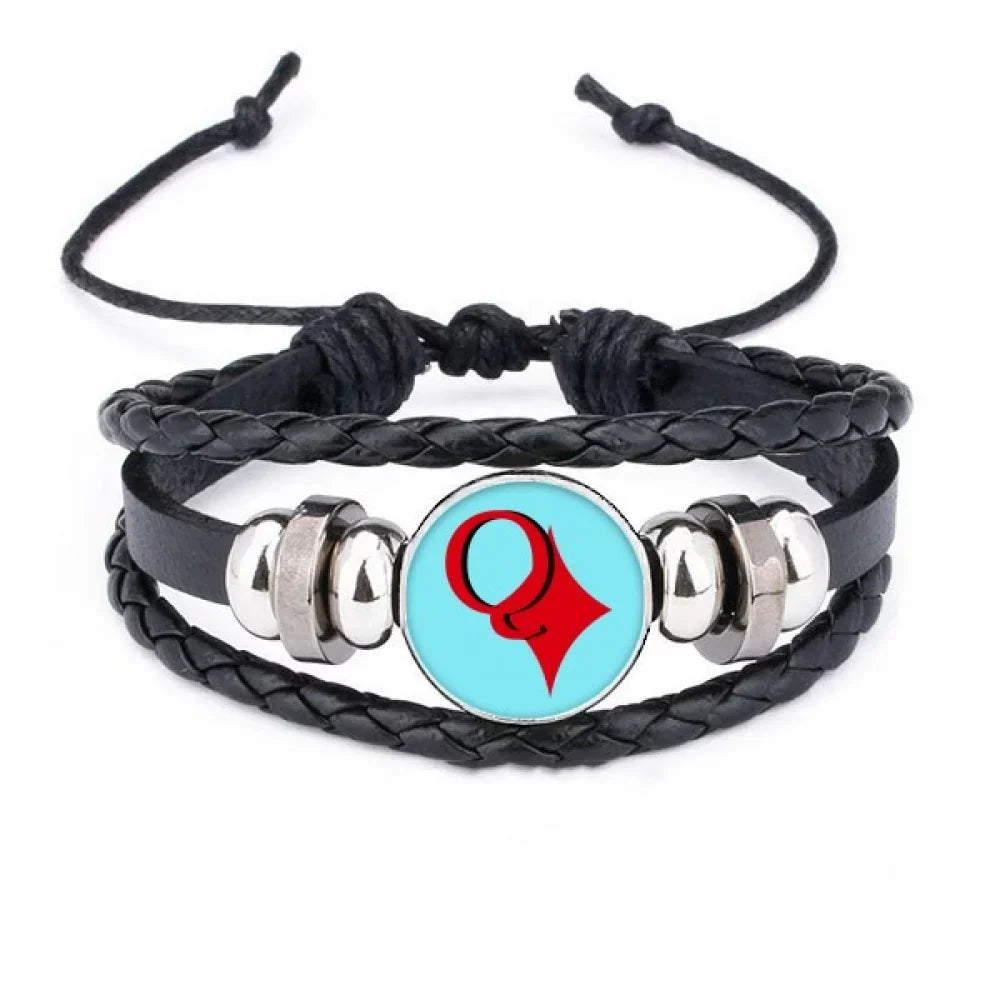 wealth queen q poker bracelet braided leather woven rope wristband