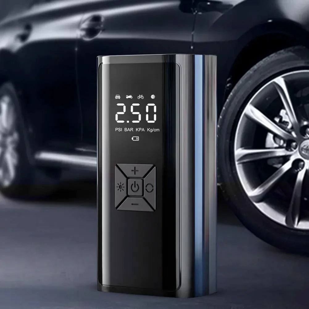 PowerCleany™ Electric Air Pump for Inflatables, Portable Air Compressor for Car Tires, Bicycles, Balls, Air Mattresses and Inflatable Boats, Emergency LED Light, Cordless Tire Inflator and Power Bank