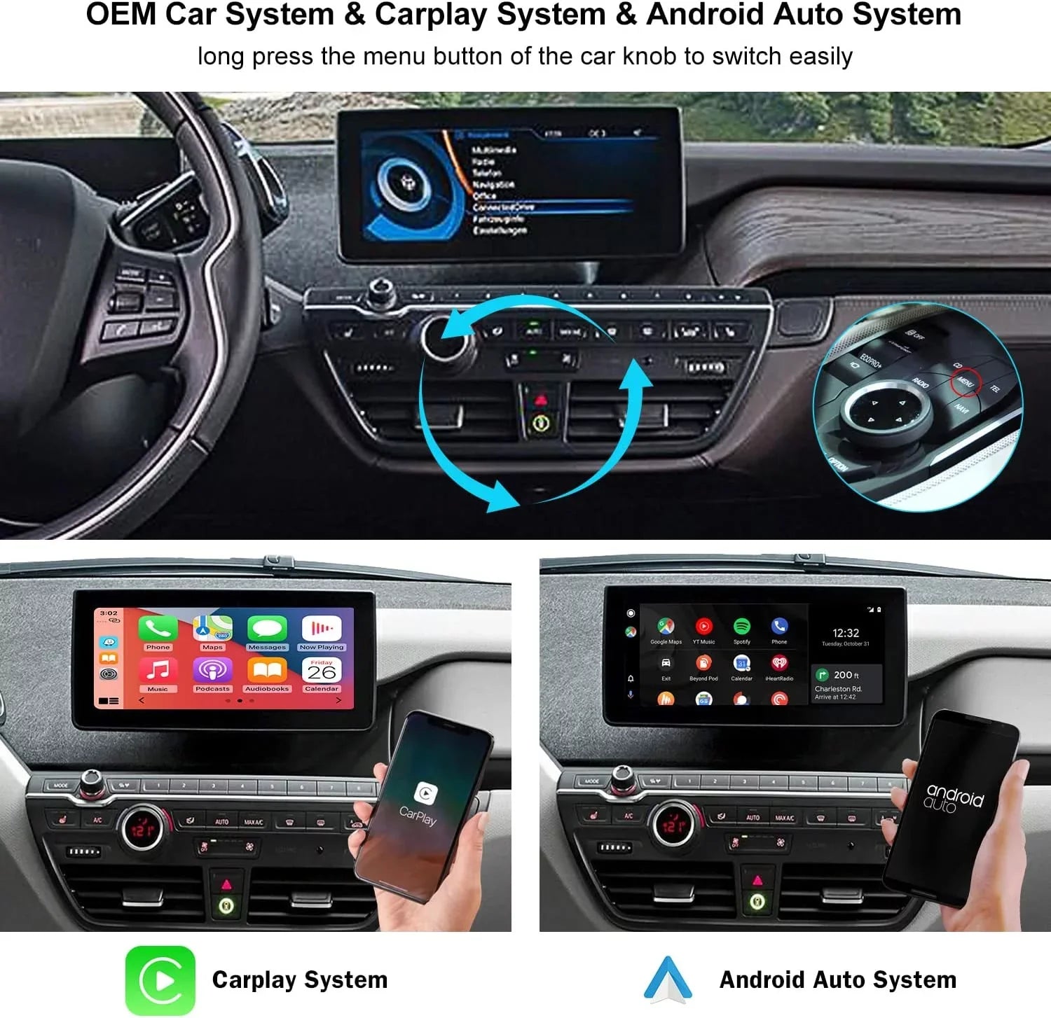 Road Top Wireless Carplay Retrofit Kit Decoder for i3 I01 NBT System 2012-2017 Year, Support Android Auto, Mirrorlink, Reverse Camera, Original Car Knob Control