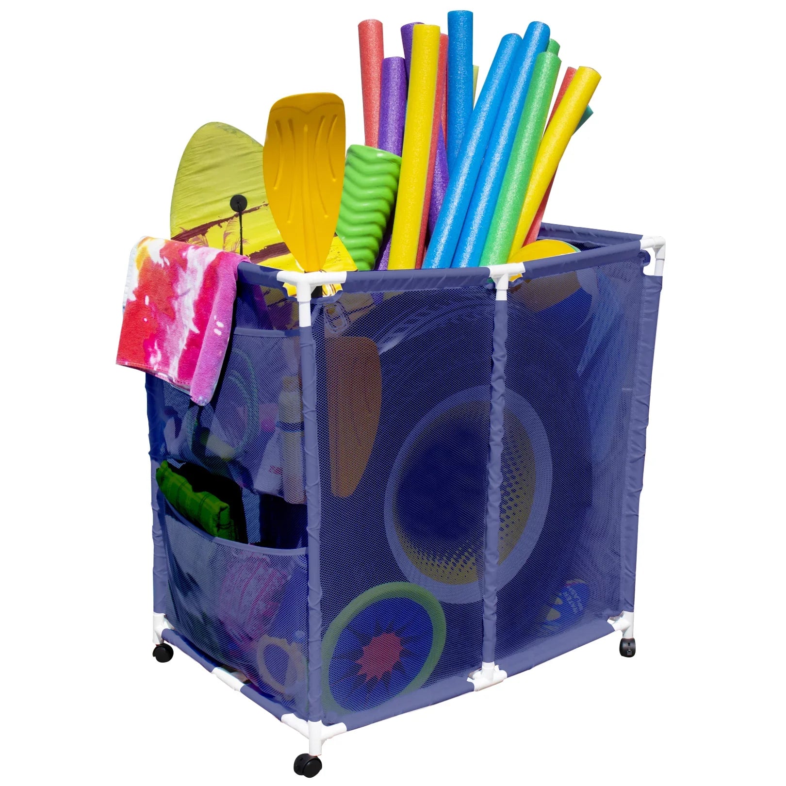 Essentially Yours Pool Floats, Balls, Toys and Equipment Rolling Mesh Organizer Storage Bin, Large, (35" W x 25.4" L x 37.5" H), Blue / White Style 455102