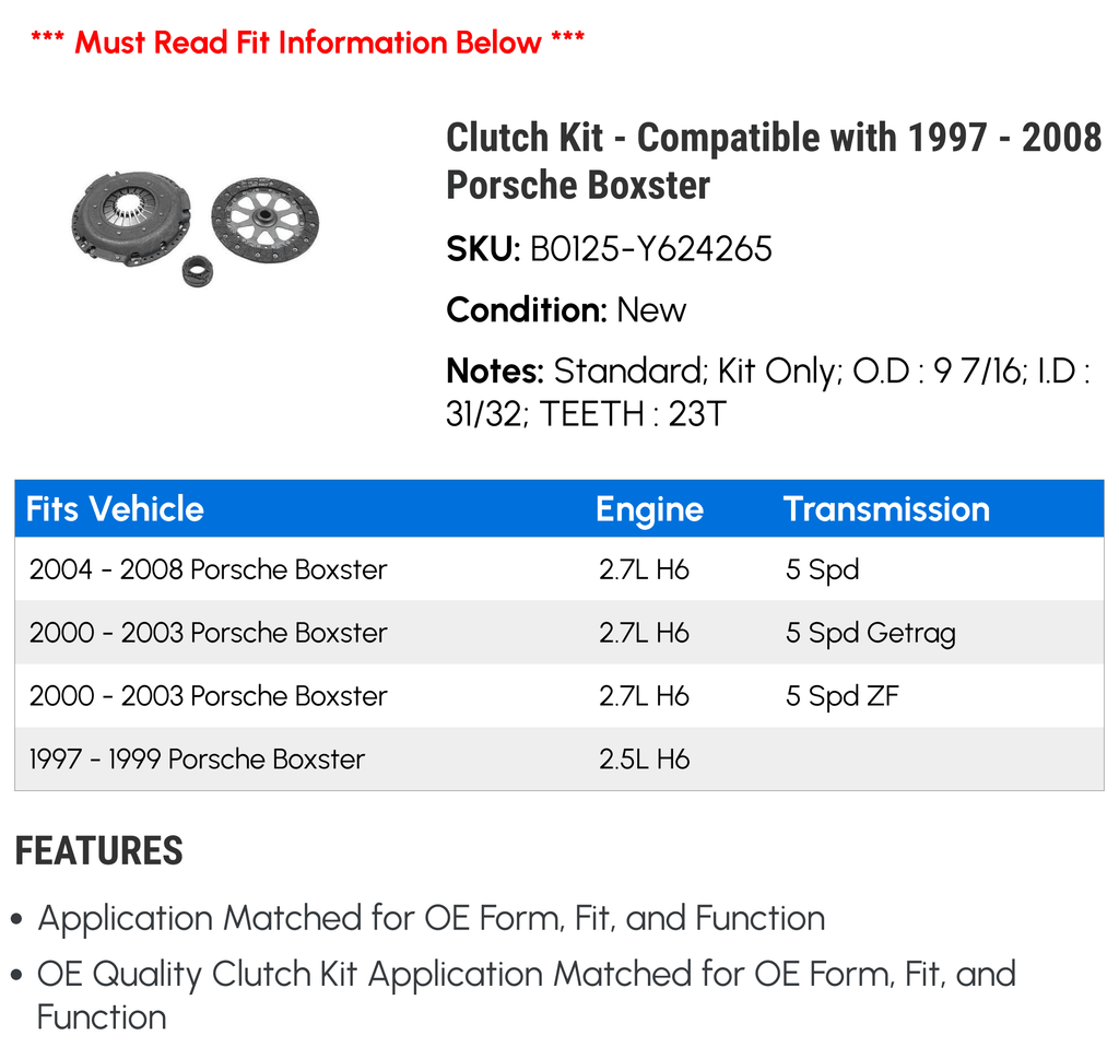 Clutch Kit - Compatible with 1997 - 2008 Porsche Boxster 1998 1999 2000 2001 2002 2003 2004 2005 2006 2007
