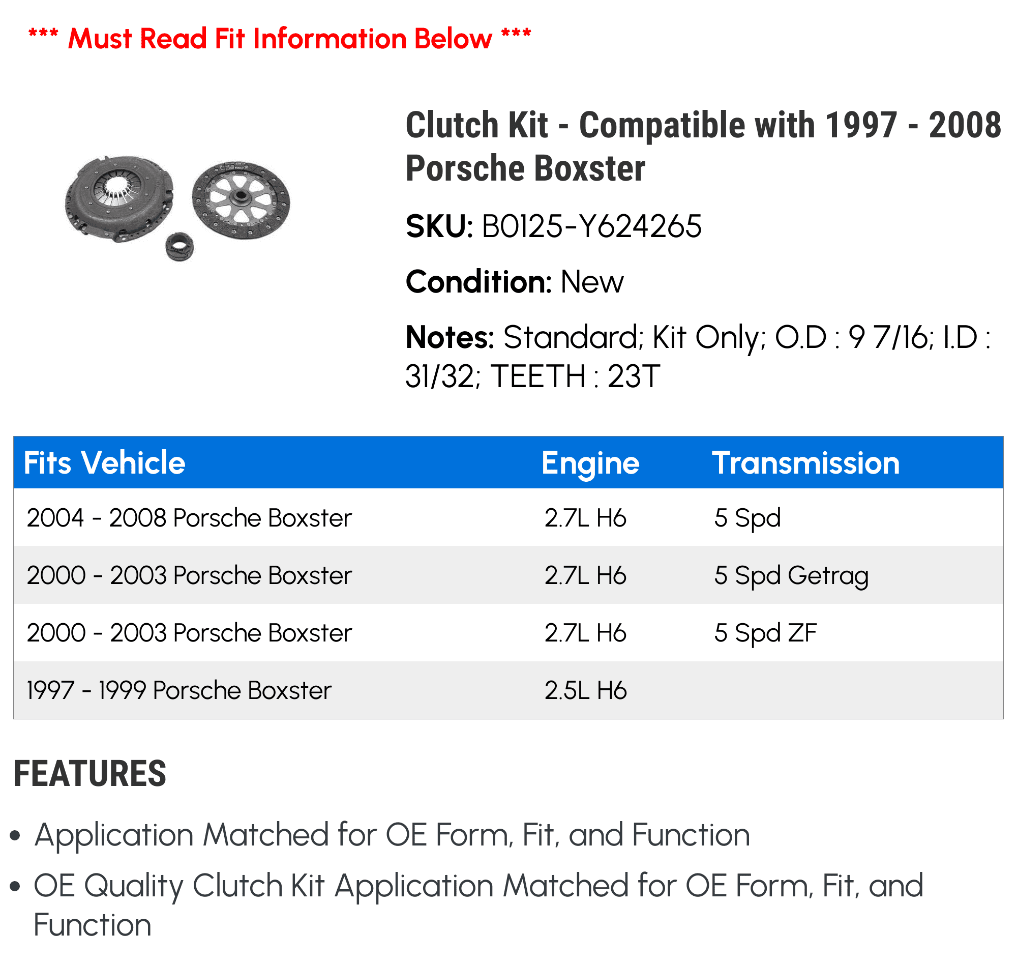 Clutch Kit - Compatible with 1997 - 2008 Porsche Boxster 1998 1999 2000 2001 2002 2003 2004 2005 2006 2007