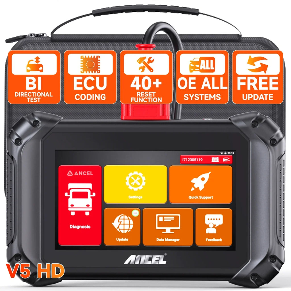 ANCEL V5 HD Diesel Truck Bi-directional Diagnostic Scan Tool Heavy Duty Truck All System Scanner 40+ Maintenance Reset DPF Regen ECU Coding OBD2 2 IN 1 Code Reader for 24V Truck 12V Cars Scan Tablet