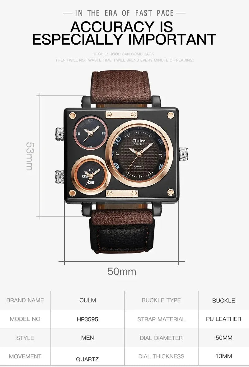 Brand New Style Men's Watches Luxury Unique Designer Watches Men Fashion Square Big Face 3 Time Zone Casual Quartz Watch Blue