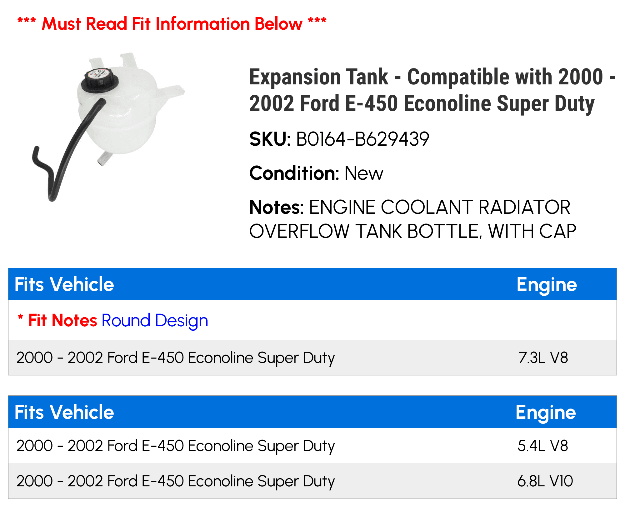Expansion Tank - Compatible with 2000 - 2002 Ford E-450 Econoline Super Duty 2001