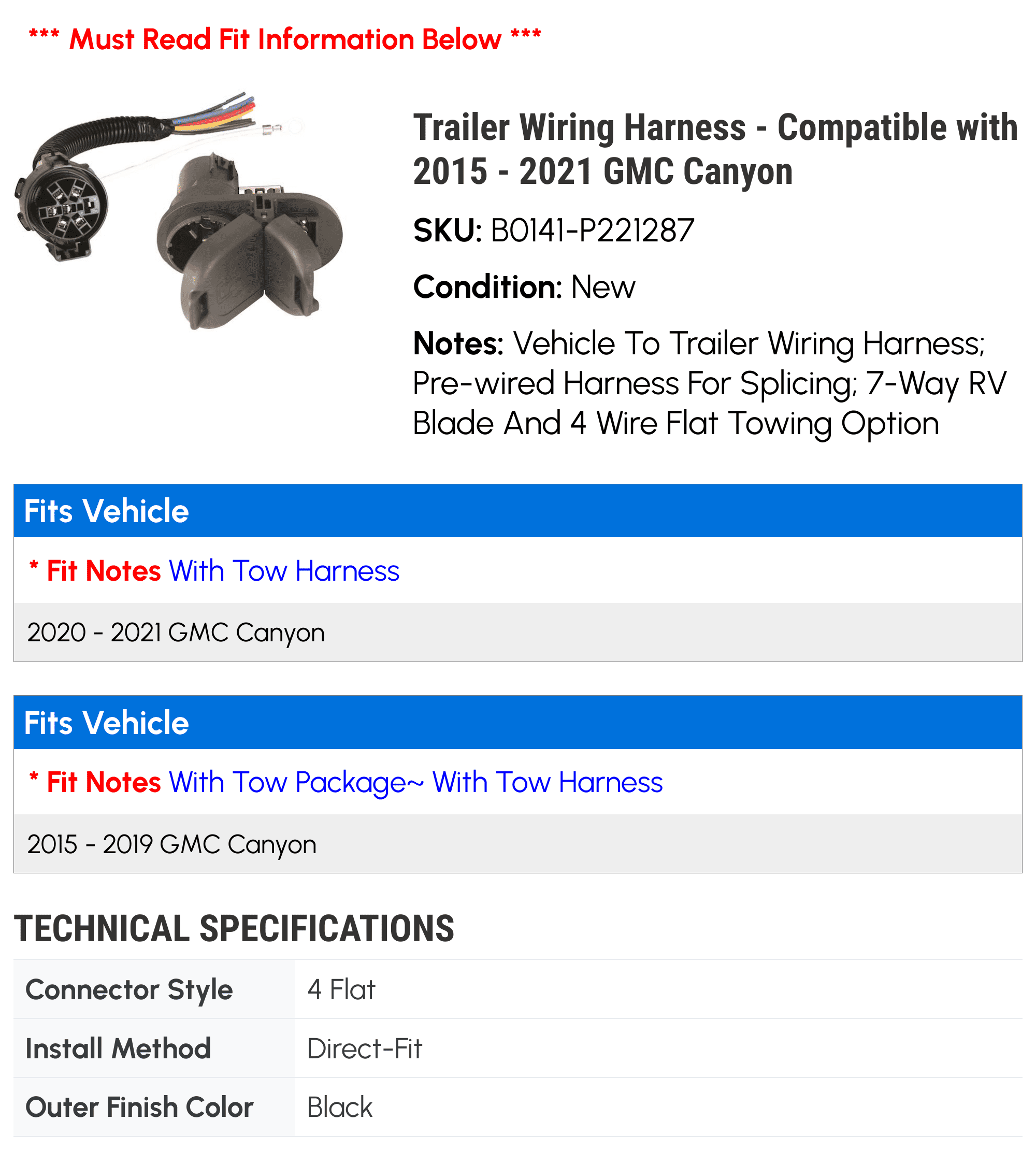 Trailer Wiring Harness - Compatible with 2015 - 2021 GMC Canyon 2016 2017 2018 2019 2020