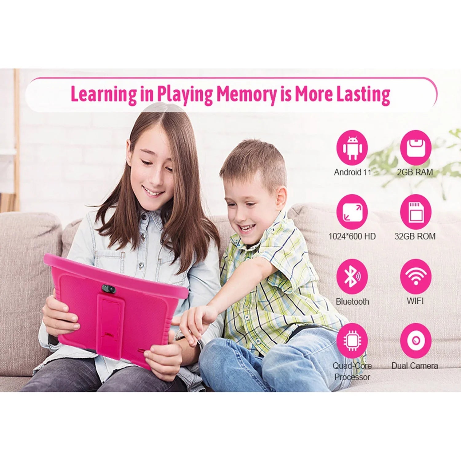 Android 11 Kids Tablet,Kids Learning Tablet,Antemper 7 inch Kids Tablet,32GB Storage,Toddler Tablet with Bluetooth, Wifi,Parental Control, HD Dual Camera, Play, Pink