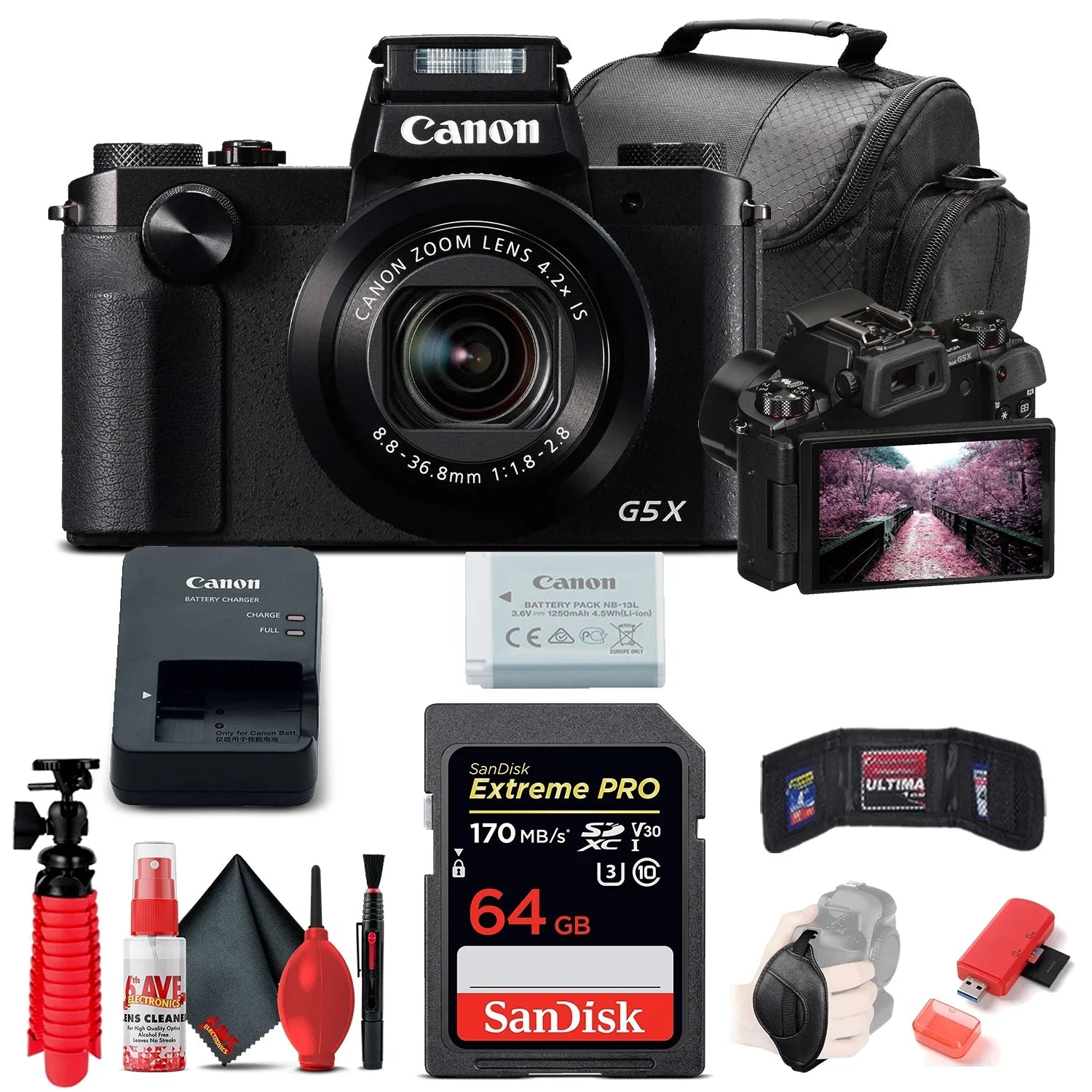 PowerShot G5 X Digital Camera (0510C001), 64GB Card, Card Reader, Deluxe Soft Bag, Flex Tripod, Hand Strap, Memory Wallet, Cleaning Kit (International Model)