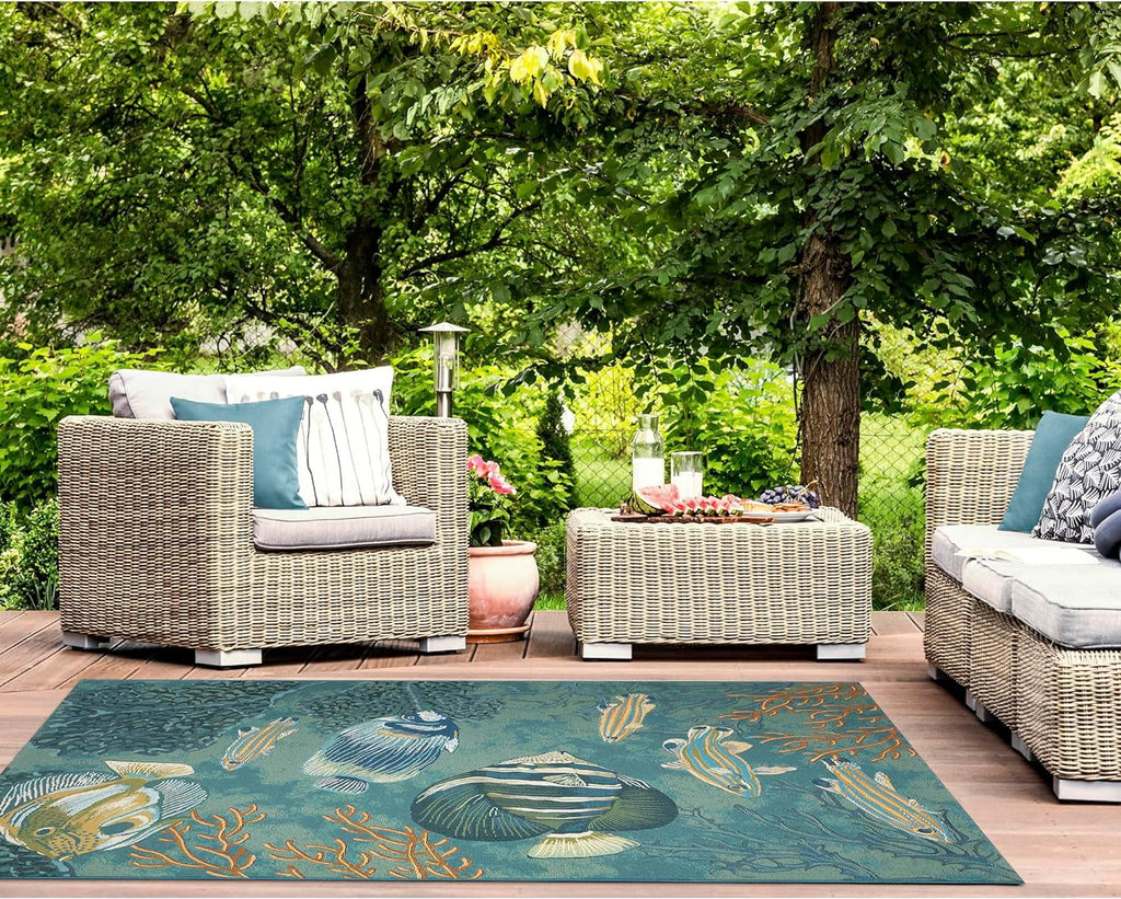 Marina Indoor/Outdoor Power Loomed Synthetic Blend Low Profile Area Rug - Transitional Graphic Coastal Animal Colorful (Fish Aqua) (6'6" X 9'4")