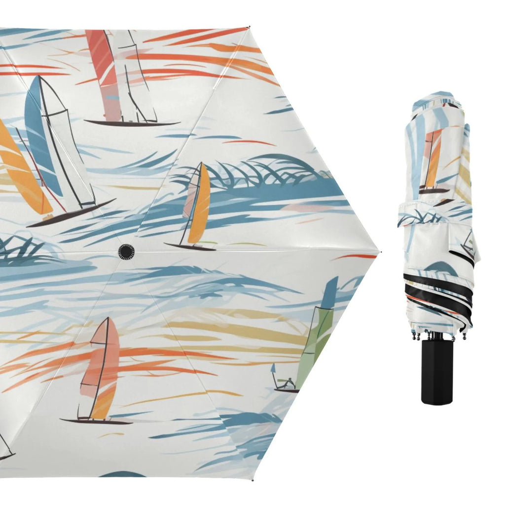 Sailboats Compact Folding Umbrella for Rain Windproof Travel Umbrella UPF 50+ Mass Packable Arc Size
