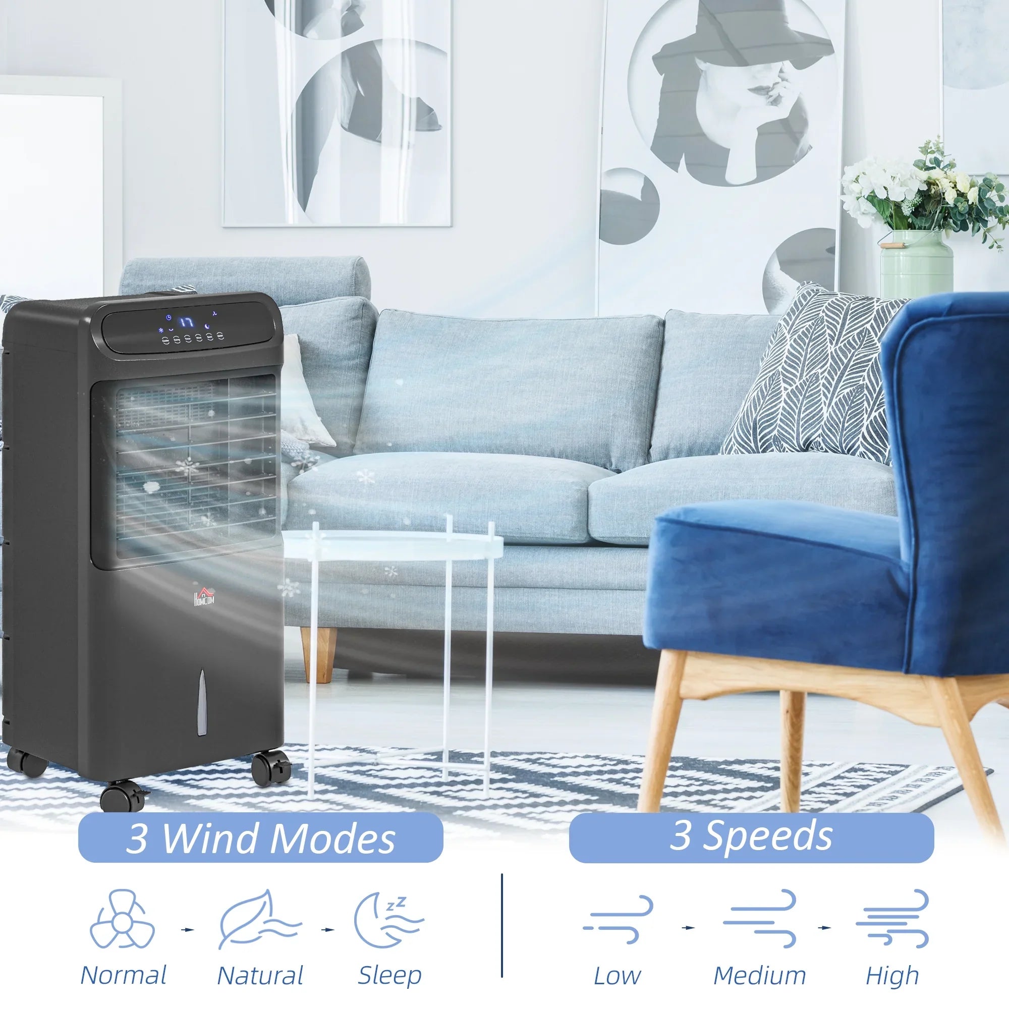 HOMCOM 3-In-1 Mobile Evaporative Air Cooler with Remote Oscillating Ebony