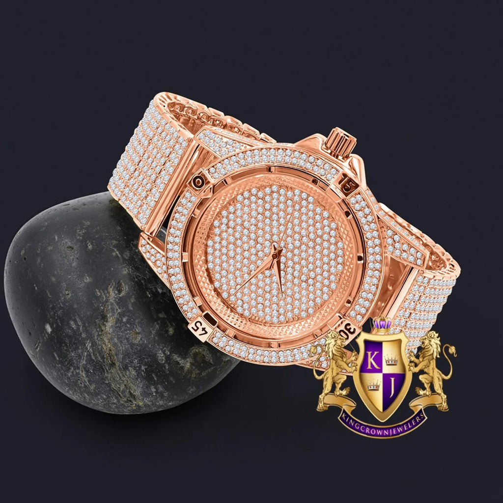 Men's Fully Iced 18k Rose Gold Finish Simulated Diamond 10 Row Custom Band Luxury Watch 44mm