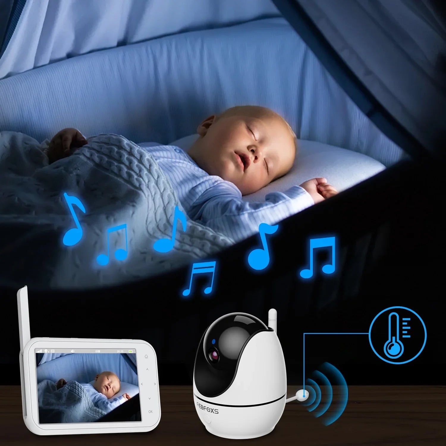 Febfoxs Baby Monitor 1080P with Camera & Audio, 4.3" LCD Screen Pan&Tilt&Zoom, Two-Way Talk, Auto Night Vision,Tem-Sensor, No Wifi