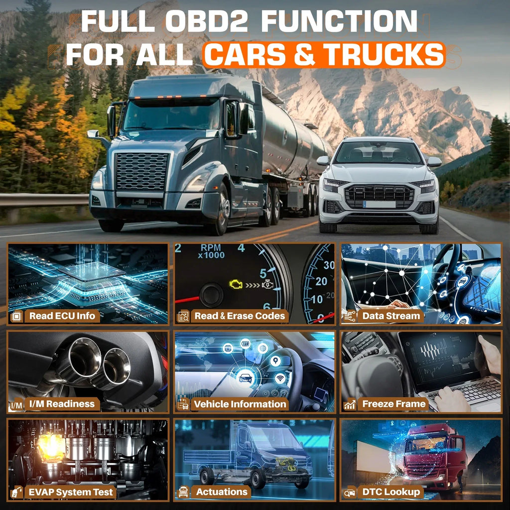 ANCEL V5 HD Diesel Truck Bi-directional Diagnostic Scan Tool Heavy Duty Truck All System Scanner 40+ Maintenance Reset DPF Regen ECU Coding OBD2 2 IN 1 Code Reader for 24V Truck 12V Cars Scan Tablet
