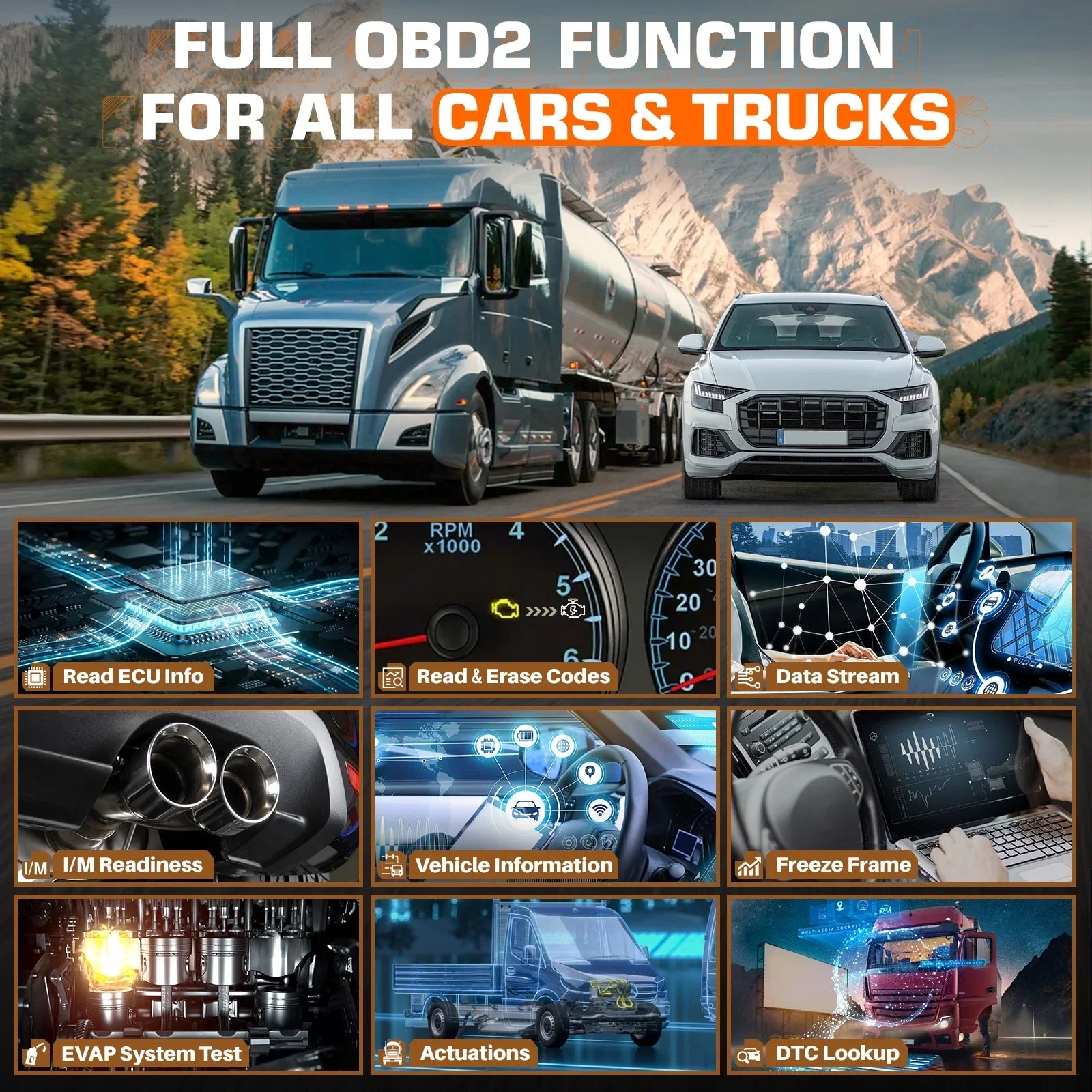 ANCEL V5 HD Diesel Truck Bi-directional Diagnostic Scan Tool Heavy Duty Truck All System Scanner 40+ Maintenance Reset DPF Regen ECU Coding OBD2 2 IN 1 Code Reader for 24V Truck 12V Cars Scan Tablet