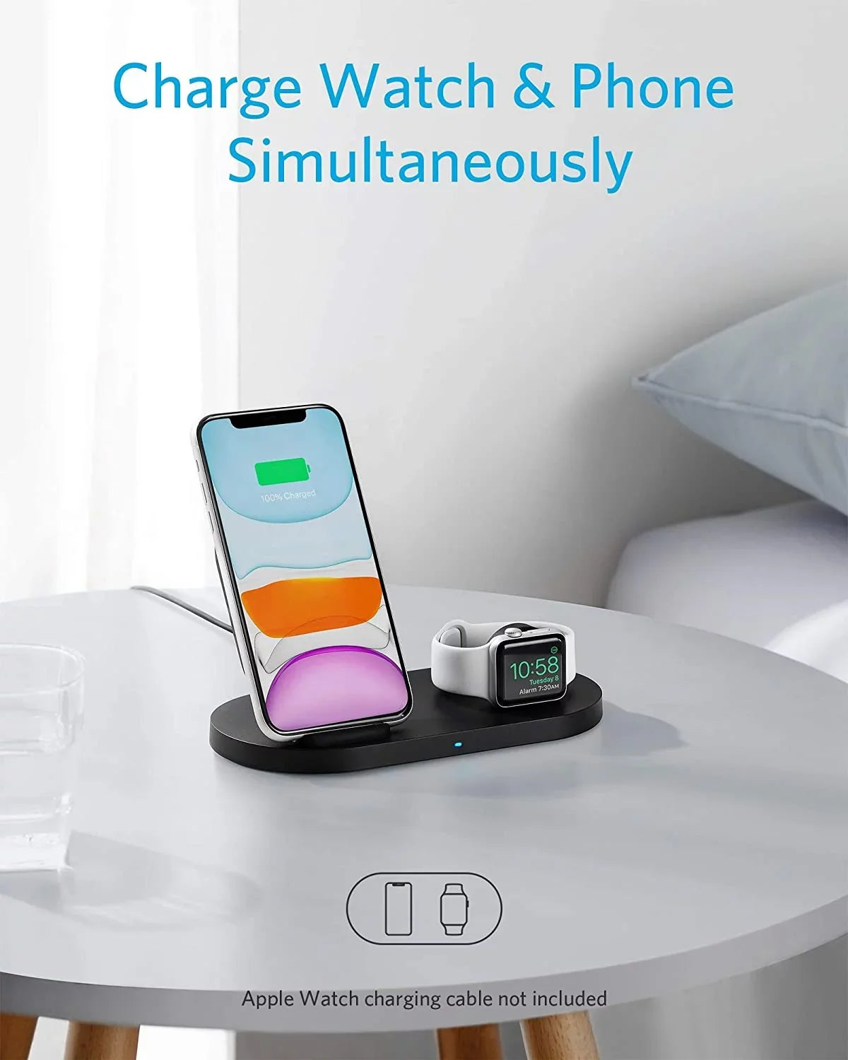 Anker Wireless Charging Station with QC Charger, PowerWave Sense 2-in-1 Stand with Watch Charging Holder for Watch SE/6/5/4/3/2/1, iPhone SE 2020, 11, 11 Pro (Watch Charging Cable Not Included)