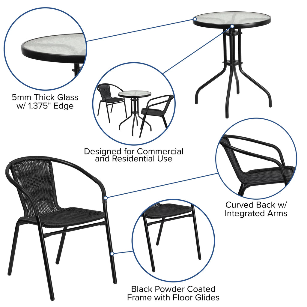 Flash Furniture 23.75" Round Glass Metal Table with 2 Rattan Stack Chairs - 23.75"W x 23.75"D x 28"H - 23.75"W x 23.75"D x 28"H