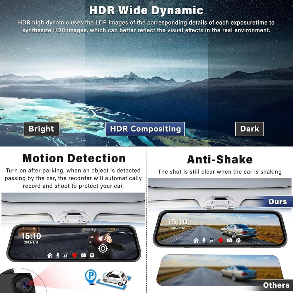 2.5K Mirror Dash Cam, 10" Rear View Mirror Camera, 1440P Front and 1080P Rear Camera with WiFi, Night Vision, Parking Assistance, Free 32GB Card