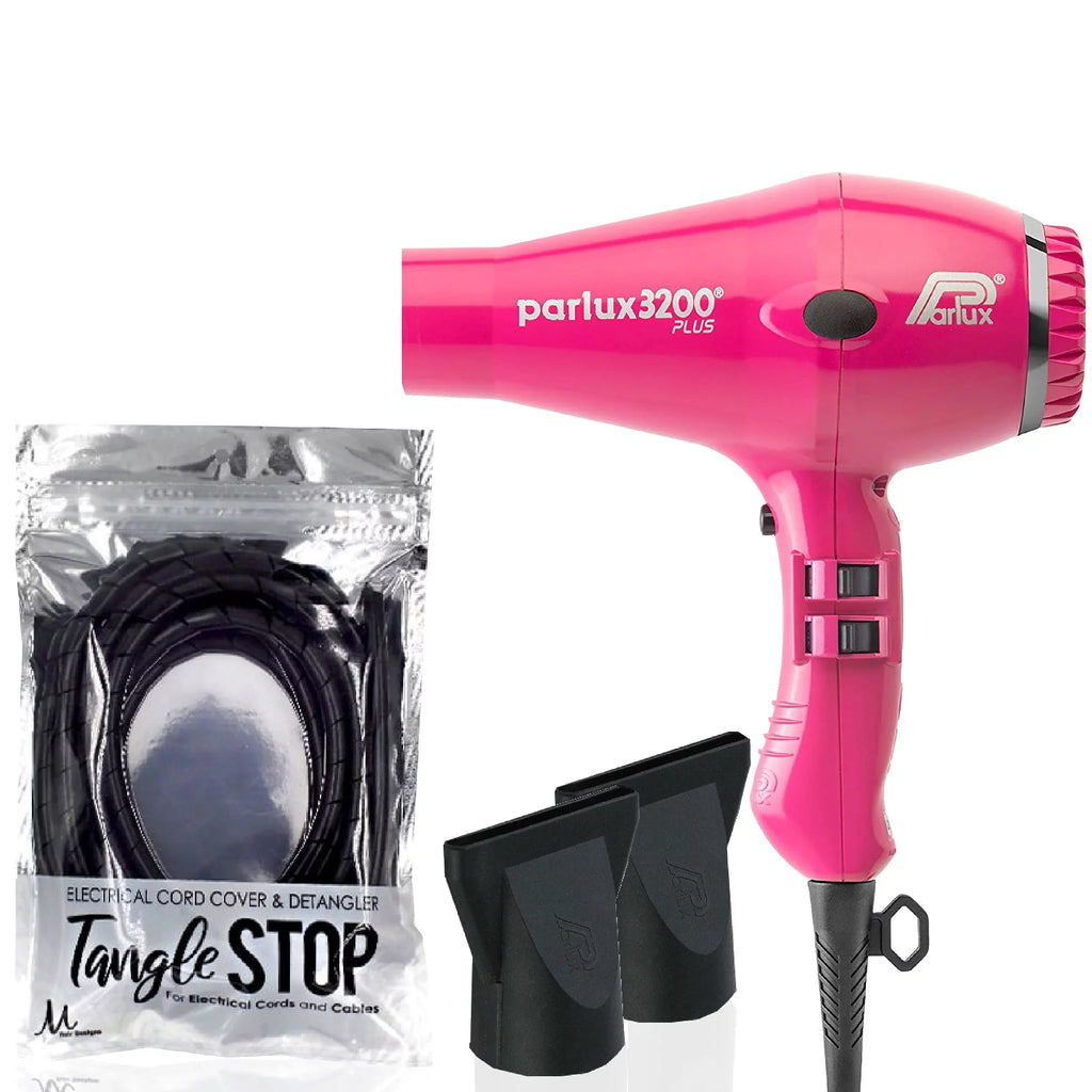 Parlux 3200 Plus Fuchsia Hair Dryer and M Hair Designs Tangle Stop Cord Cover Detangler Dark (Bundle - 2 Items)