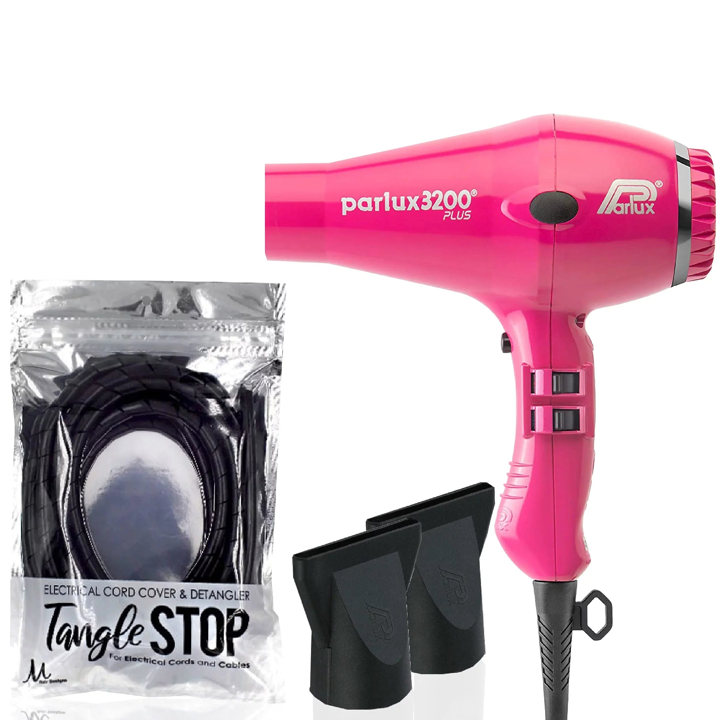 Parlux 3200 Plus Fuchsia Hair Dryer and M Hair Designs Tangle Stop Cord Cover Detangler Dark (Bundle - 2 Items)