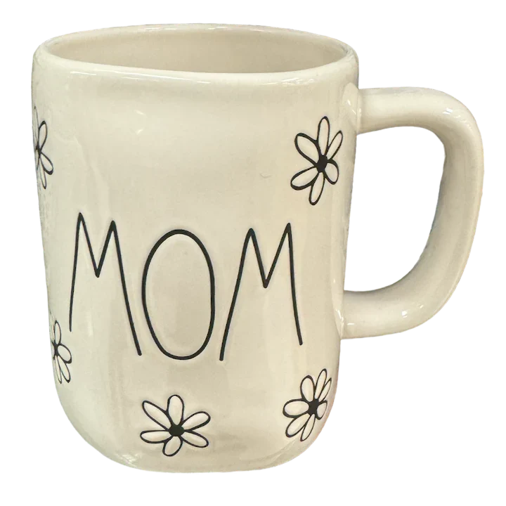 Rae Dunn MOM Ivory Ceramic Mug Jet LL Letters Dark Daisys 16 oz dishwasher safe may get hot in Microwave Mother's Day