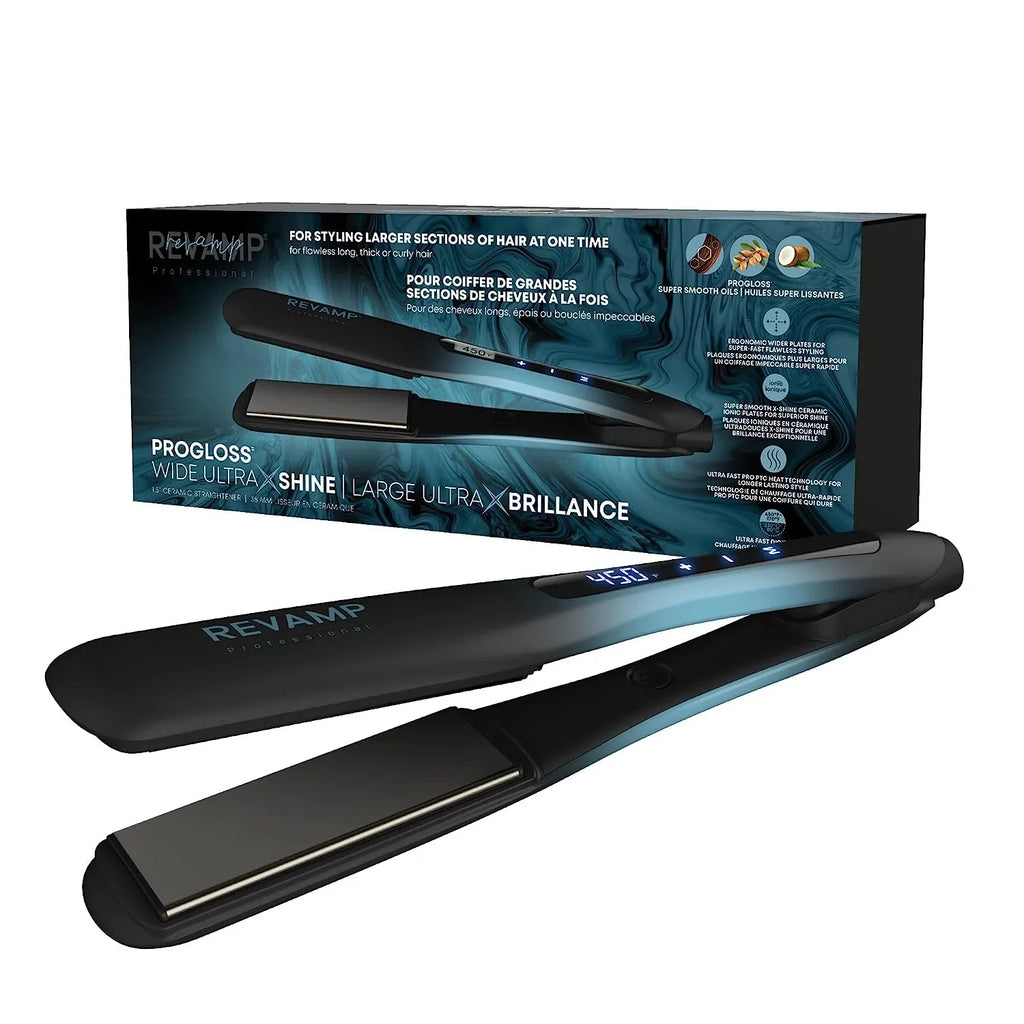 Revamp Progloss Wide Ultra X Shine 1.5-Inch Flat Iron Hair Straightener – Ceramic Hair Straightener with Keratin, Argan & Coconut Oil Infused Ceramic & Ionic Plates, Ideal for Long, Thick, Curly Hair