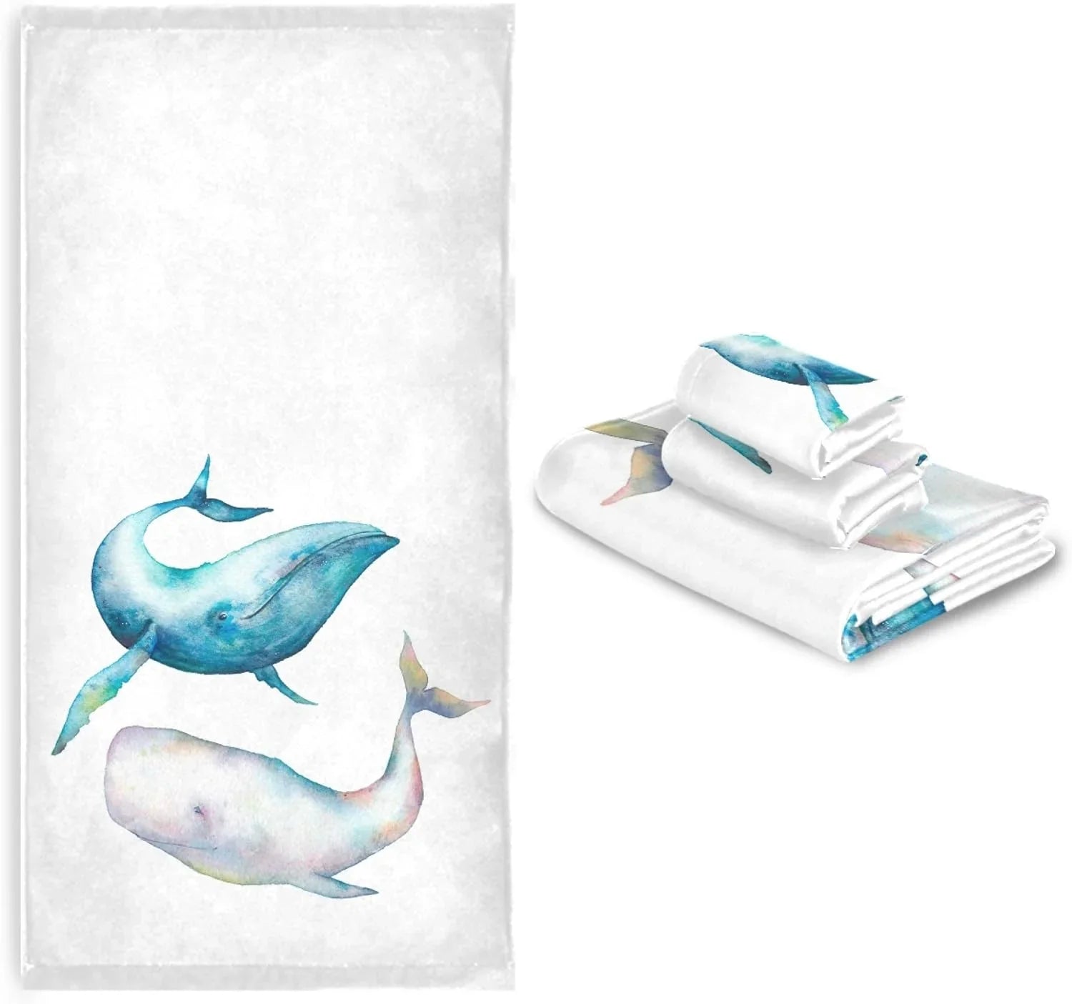GZHJMY 3-Piece Towel Set,Watercolor Blue Humpback Whale Bath Towel Sets, 1 Bath Towel, 1 Hand Towel, 1 Washcloth, Bowhead Whale Ocean Marine Sea Life Absorbent Soft Towels Quick Drying for Bathroom