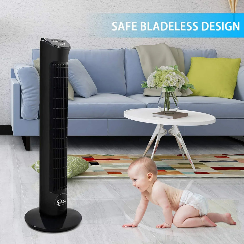 Simple Deluxe 32"Tower Fan with Remote, 90° Oscillating Fan with 4 Speeds, Bladeless Fan, Standing Floor Fans, Ebony