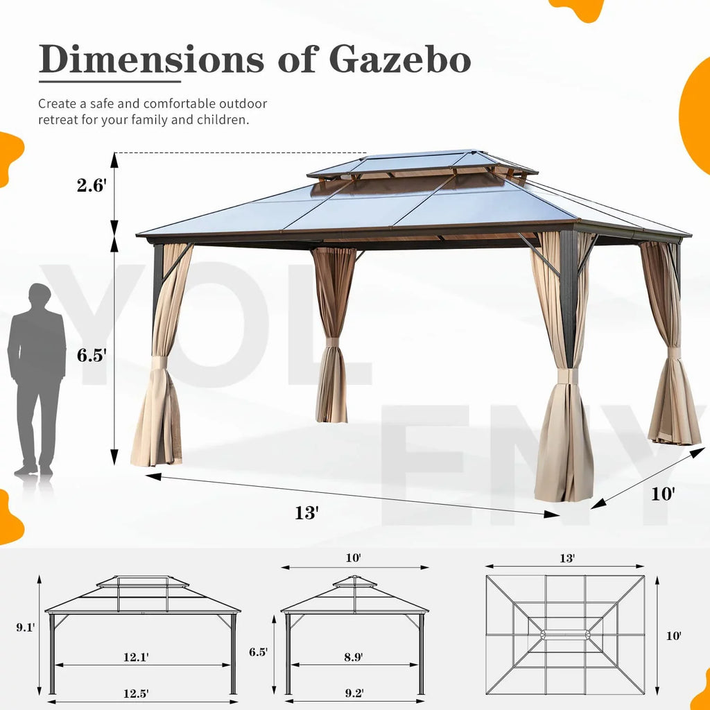 Erommy 10'x13' Hardtop Gazebo with Polycarbonate Double Roof and Aluminum Frame for Garden, Patio, Lawns