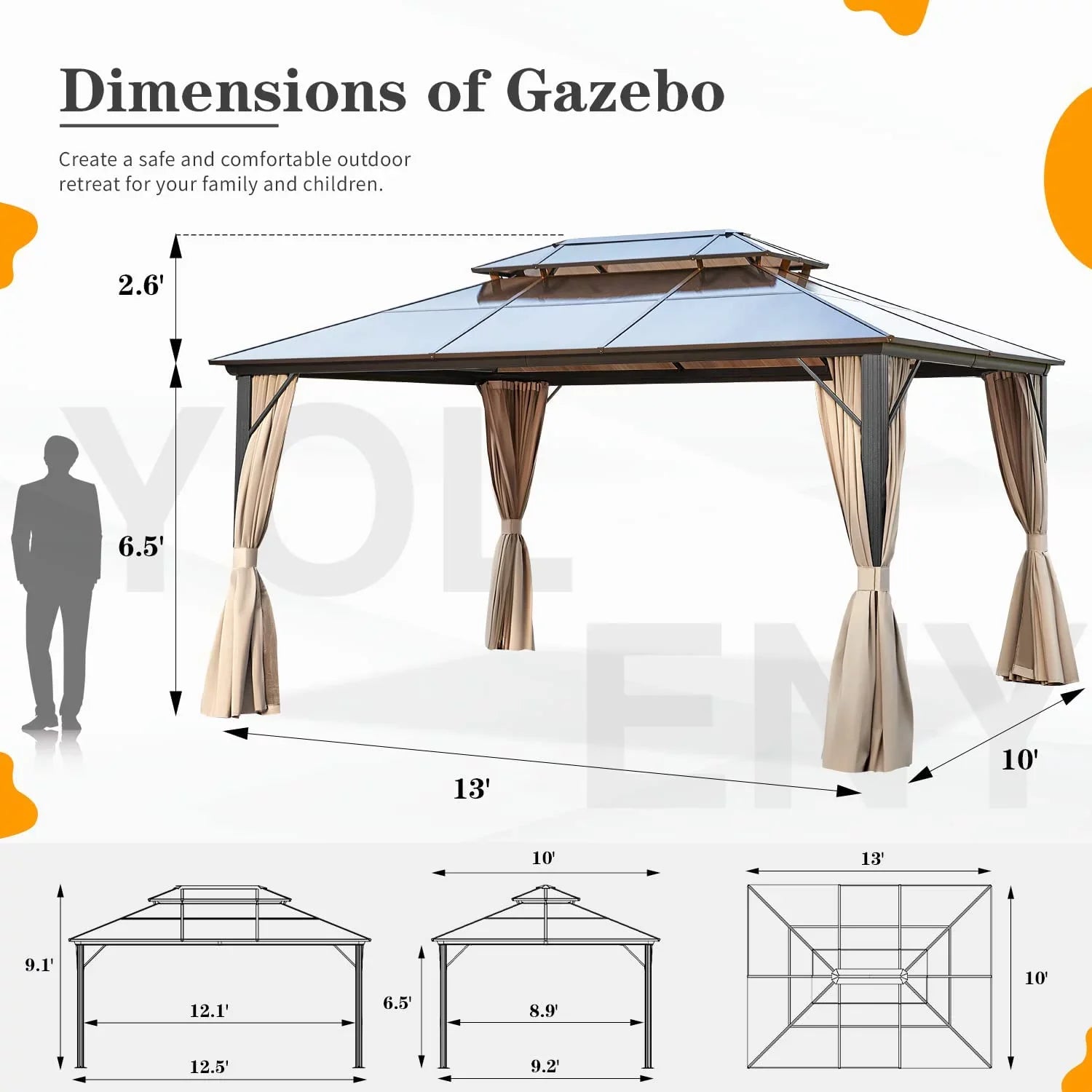 Erommy 10'x13' Hardtop Gazebo with Polycarbonate Double Roof and Aluminum Frame for Garden, Patio, Lawns