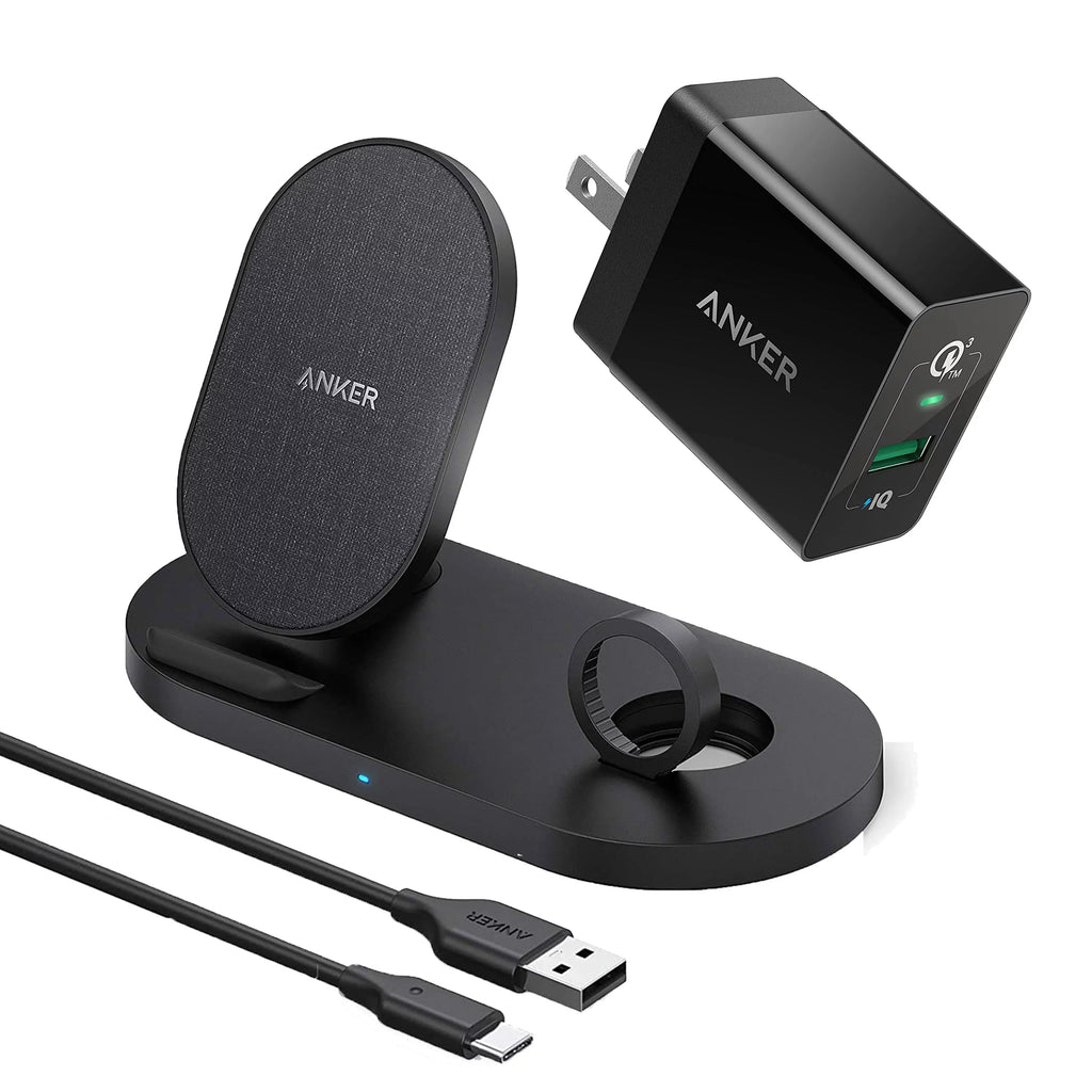 Anker Wireless Charging Station with QC Charger, PowerWave Sense 2-in-1 Stand with Watch Charging Holder for Watch SE/6/5/4/3/2/1, iPhone SE 2020, 11, 11 Pro (Watch Charging Cable Not Included)