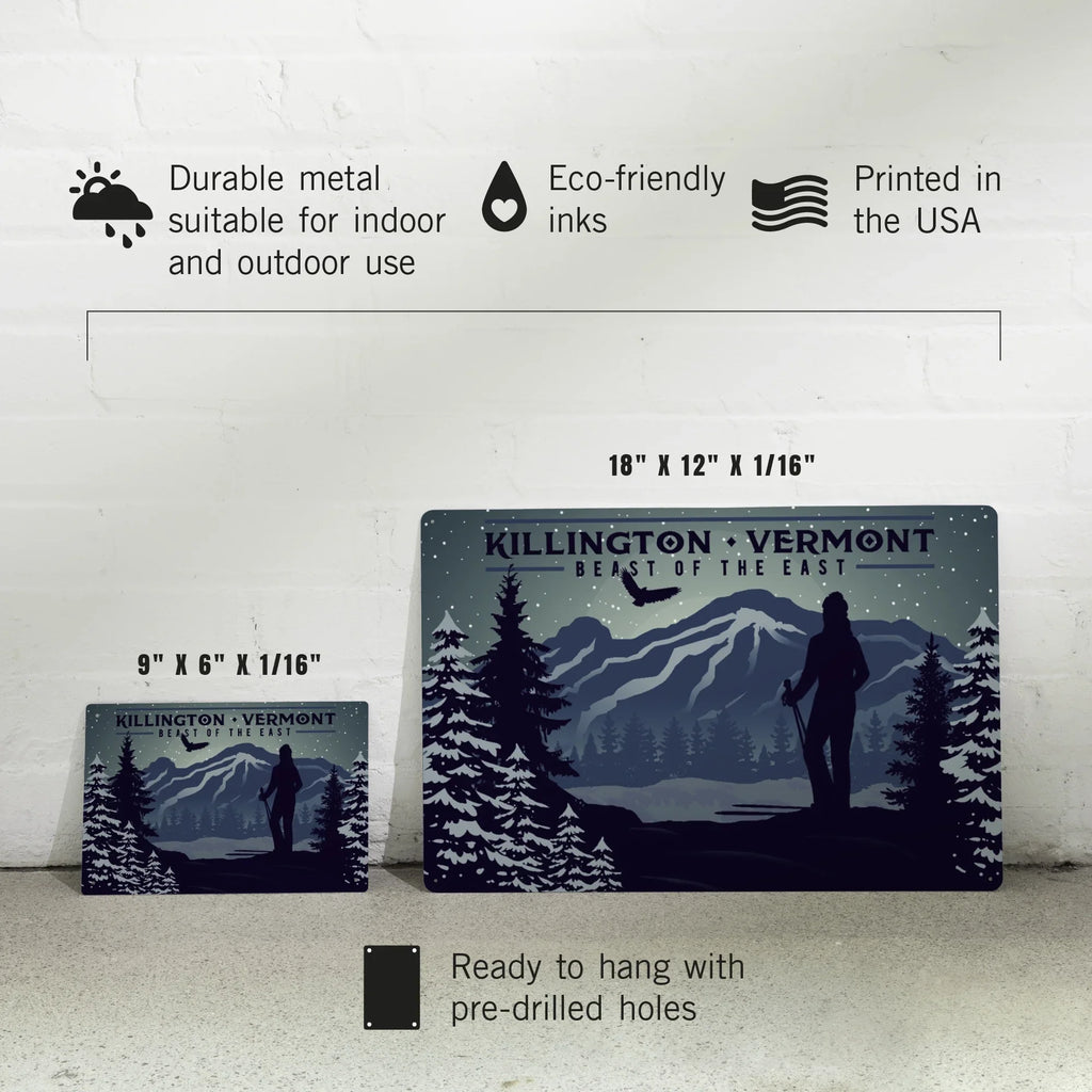 Killington, Vermont, Beast of the East, Skier and Mountain (12x18 Aluminum Art, Indoor Outdoor Metal Sign Decor)