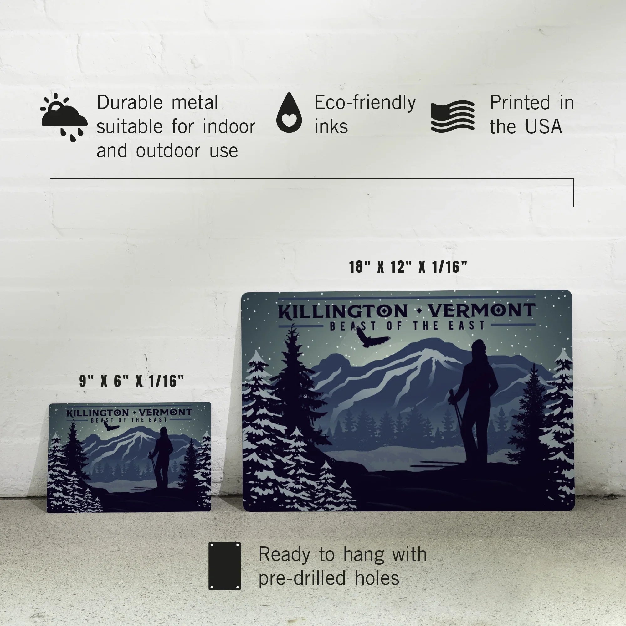 Killington, Vermont, Beast of the East, Skier and Mountain (12x18 Aluminum Art, Indoor Outdoor Metal Sign Decor)