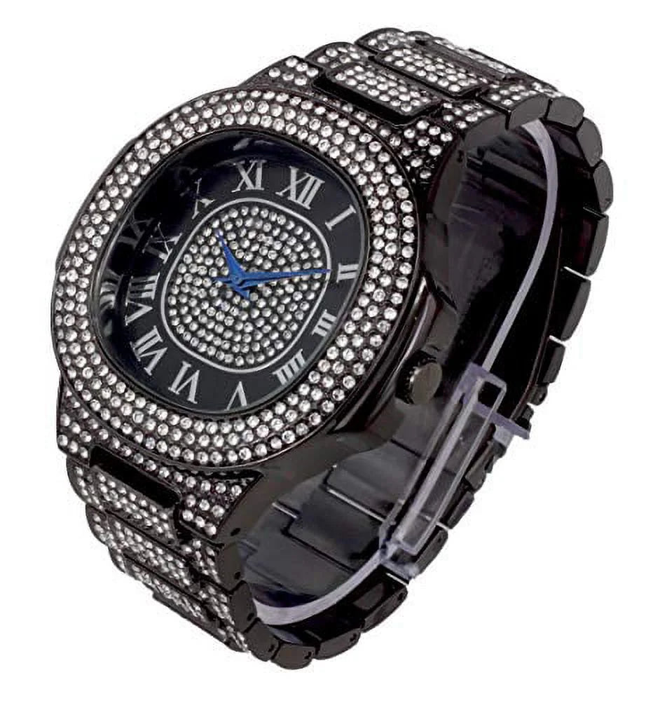 Charles Raymond Blinged Out Oblong Metal Mens Color on Blast Hip Hop Iced Out Wristwatch - 8475Color (ST10235 SDR# Blk Blk Panther)
