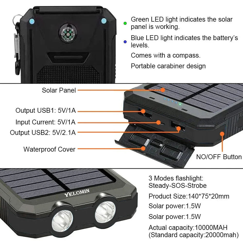 2023 Waterproof Solar Power Bank 9000000mAh Portable External Battery Charger US