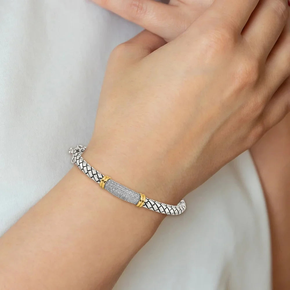14k/Silver Two-Tone Bracelet Bangle Women's Diamond Round 8 mm 7 in Shey Couture Sterling Silver with 14K Accent Antiqued Hinged