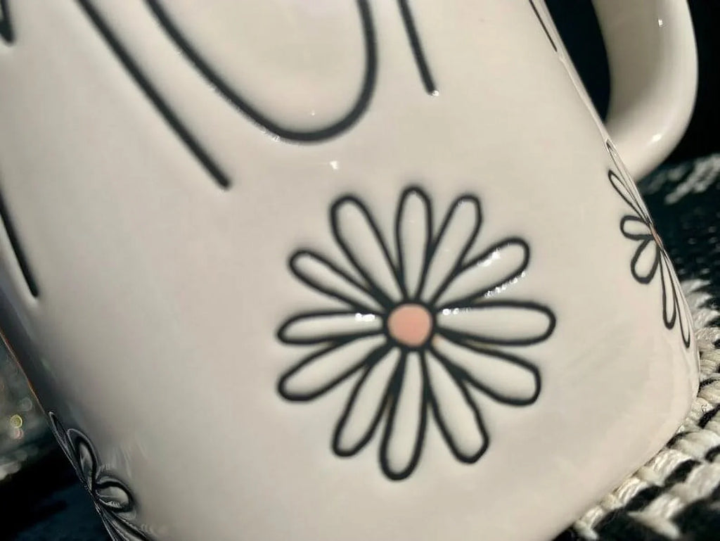 Rae Dunn MOM Ivory Ceramic Mug Jet LL Letters Dark Daisys 16 oz dishwasher safe may get hot in Microwave Mother's Day