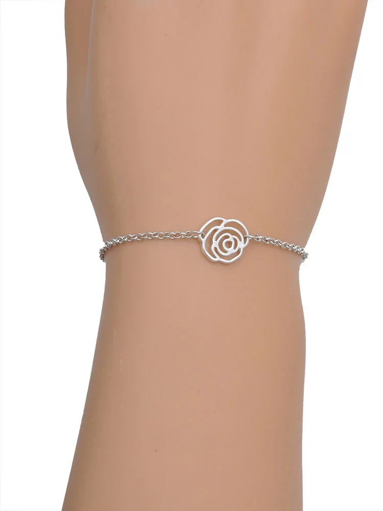 Delight Jewelry Silvertone Translucent Green Lucky Four Leaf Clover Silver-tone Rose Link Chain Bracelet, 6.25"+1.75" Extender