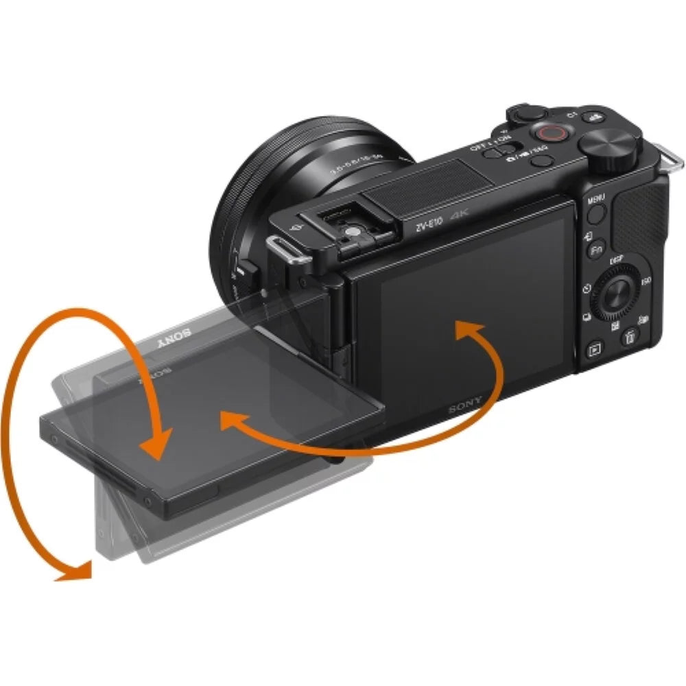 ZV-E10 Mirrorless Camera |16-50mm Lens Dark Bundle with Transcend 64GB Memory Card + Flexible Tripod + Camera Bag + Cleaning Kit (5 Items)