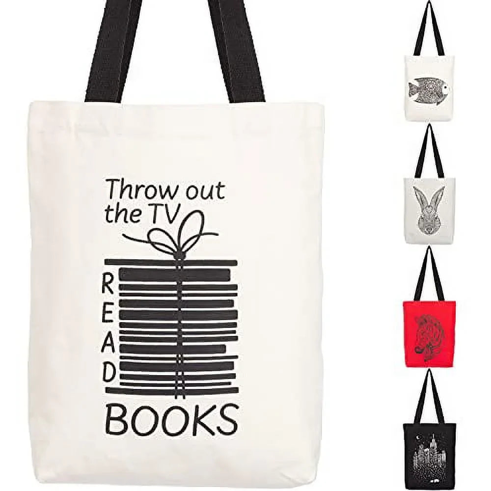 Miller & Max Canvas Tote Bag For Women Men, Reusable Multi-functional 100% Cotton Books Fun Cute Print Durable Design With Inner Pocket, Dark Handles 12 oz Canvas Bags - For School, Office, Picnic An