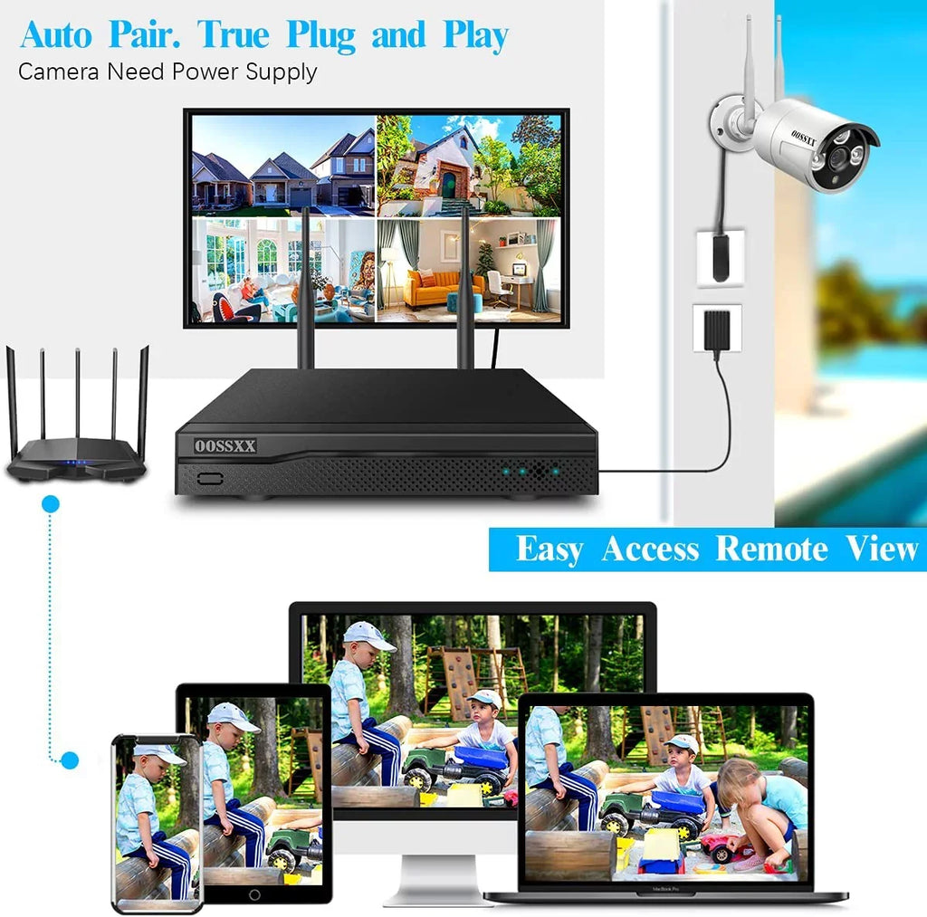 Expandable 8CH Wireless NVR Security Camera System Outdoor with DVR,4Pcs 3MP Wireless IP Cameras